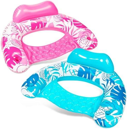 SLOOSH Inflatable Pool Floats Adult,2 Pack Pool Chairs with Cup Holders, Blow up Floats Chair, Hammock Noodle Mat Leaves Design for Relaxing Summer Water Fun Swimming Party Beach