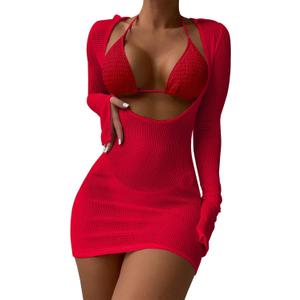 Lilosy Sexy Crochet Sheer Long Sleeve Cover Up Swim Bathing Suit Beach Dress One Piece (Smocked Red), XS