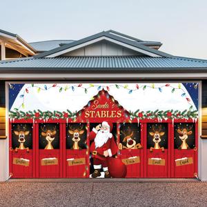 7x16 ft Christmas Garage Door Cover, 2025 Garage Door Christmas Decorations, Large Garage Door Xmas Cover, Outdoor Xmas Banner Decorations (Santas Reindeer Stable)