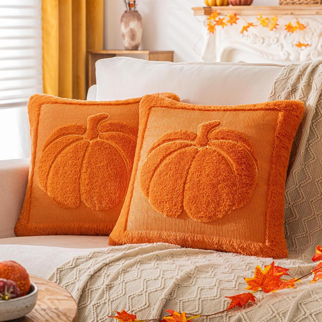 Orange Pumpkin Fall Pillow Covers 20"x20" Set of 2, Embroidered Faux Fur Decorative Throw Pillow Covers for Couch Soft Fluffy Plush Cushion Cases for Farmhouse Halloween Home Decor