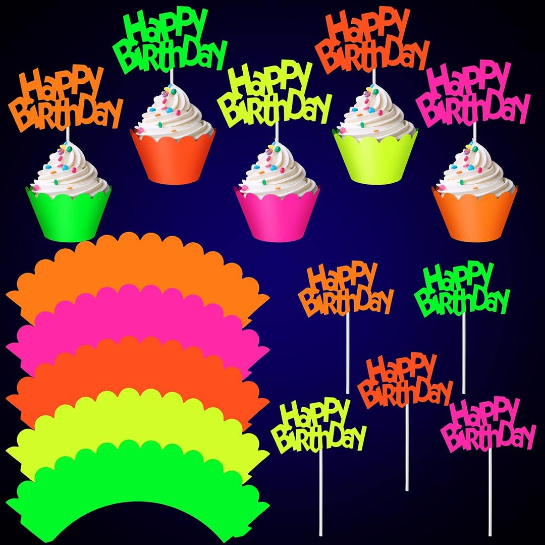 Marspark 40 Pcs Glow in the Dark Neon Cupcake Toppers Glow Party Supplies Neon Cupcake Wrappers for Birthday Party Wedding Decorations Blacklight Reactive, Small