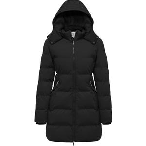 Wenven Women's Warm Thickened Parka Coat Winter Puffer Jacket with Removable Hood (Large, Black)