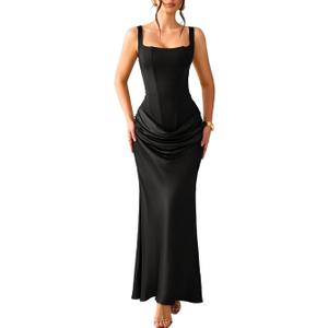 Kaei&Shi Corset Long Dresses,Lace Up Back Satin Mermaid Prom Dress,Women Formal Gowns Bridesmaid Wedding Guest (Medium, Black)