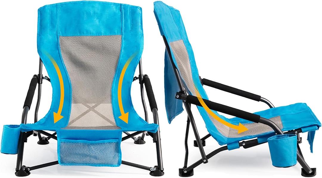 Portable Folding Beach Chair for Adults Set of 2 - Lightweight Low Back Sling Chair with Cup Holder & Storage Pocket, 300lbs Capacity Camping Chair for Outdoor Lawn (Blue)