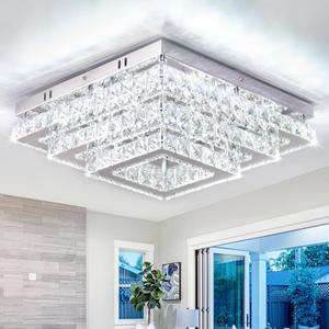 Finktonglan Square Crystal Ceiling Light Fixture, 15" Modern Flush Mount Chandelier, 3-Tier LED Ceiling Light for Living Room Dining Room Bedroom Hallway, 6500K Cool White