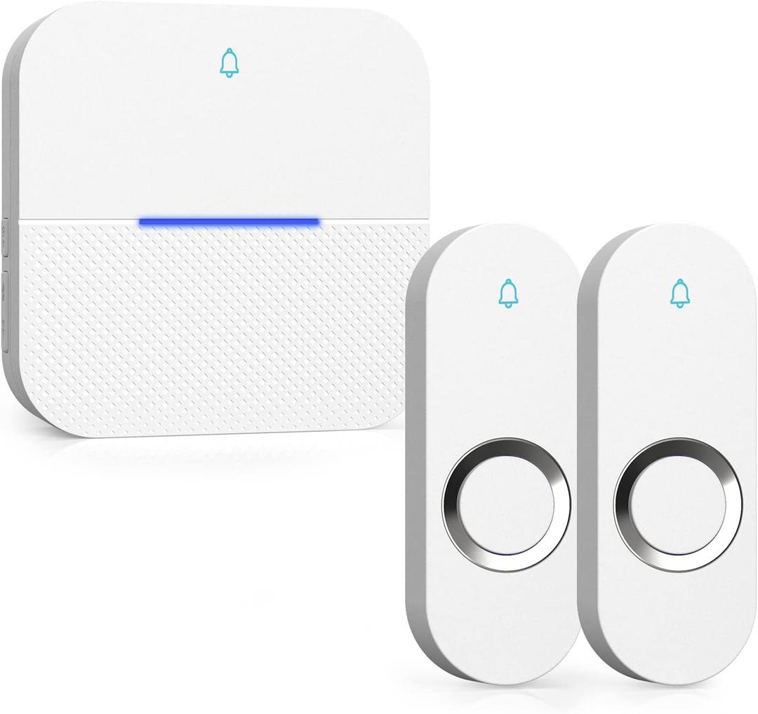 AIDA Lighted Wireless Doorbell for Home, Waterproof Battery Doorbell Wireless 1,000ft Range, 5 Volume Levels with 58 Doorbell Chimes & LED Flash (White, Doorbell with 2 Buttons & 1 Receiver)