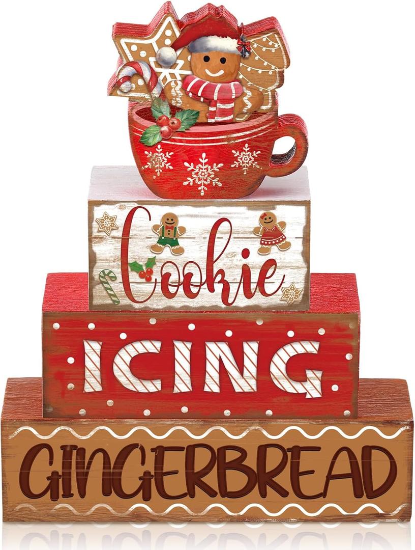 Moucuny 4 Pcs Christmas Gingerbread Man Table Sign Christmas Cup Wooden Decorative Signage Xmas tiered Tray Decor Winter Centerpieces Farmhouse Wooden Block Set Xmas Table Sign for Home