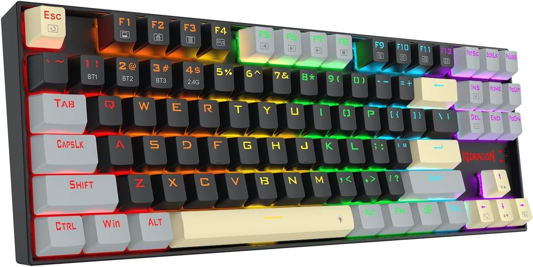 Redragon Wireless Gaming Keyboard, BT/2.4Ghz Tri-Mode Mechanical Keyboard with Aluminum Pannel, Hot-Swap Red Switch, Programmable 87 Keys TKL, LED Rainbow Backlit - K552LGY-KRS (Eclipse Gilded)