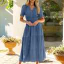 Simplee Womens Summer Denim Dress Casual Short Sleeve V Neck Empire Waist Boho Flowy Western Jean Maxi Dresses with Pockets (S)