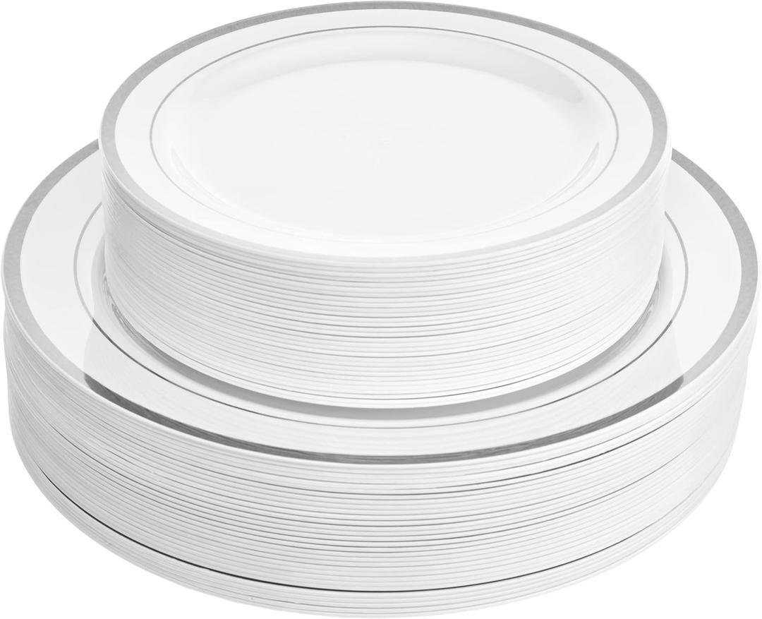 Aya's 60 Silver Rimmed Plastic Plates for Party, Heavy Duty Disposable Plate Set of 30 Dinner and 30 Dessert Plates for Weddings and Special Events, Fancy Disposable Tableware