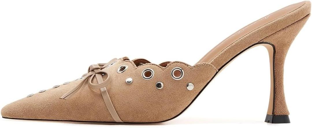 Kitten Heel Mules for Women Bow Tie Suede Stiletto Heels Mule Pointed Toe Studs Slide Heeled Sandal Pumps for Wedding Dress Party, 38