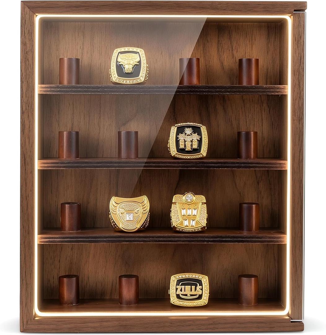 Championship Ring Display Case with LED Light, 16 Ring Posts Baseball Ring Display Case Basketball Ring Display Case (Brown)