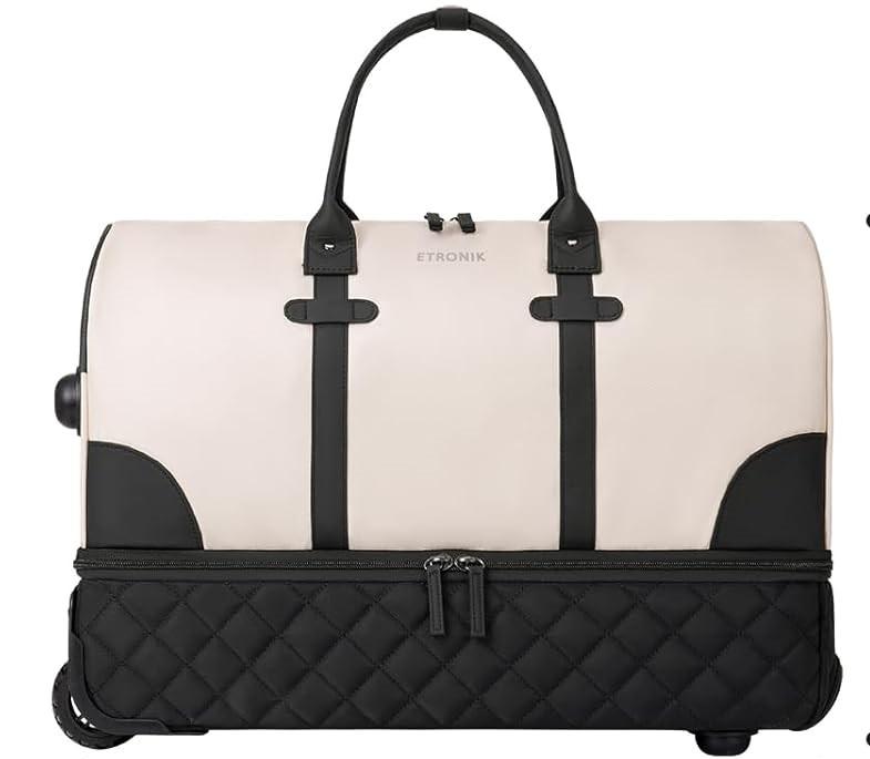 ETRONIK Rolling Duffle Bag with Wheels, 21 Inch Flight Approved Duffle Bags for Travel with Toiletry Bag, Carry on Luggage Travel Bags for Women with Shoe Compartment, Beige