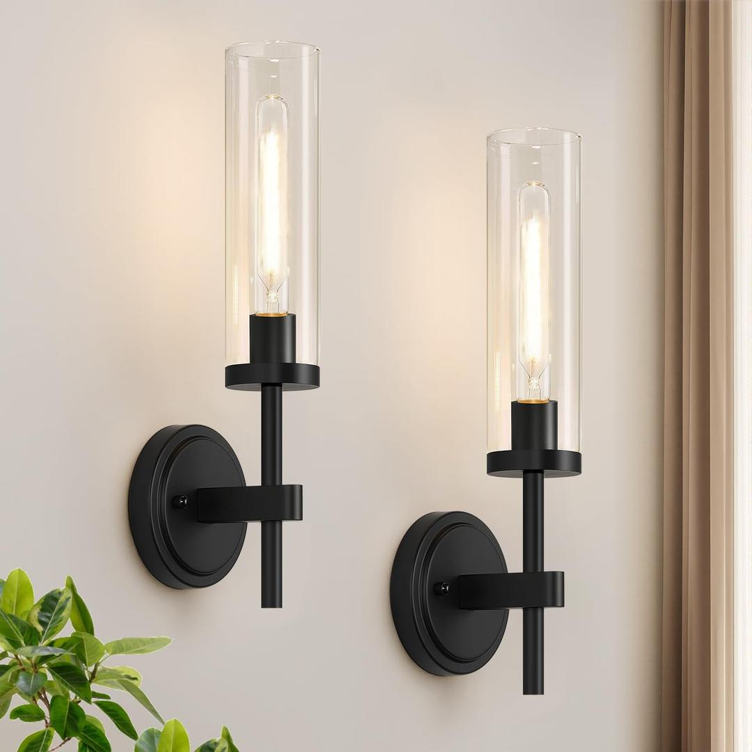 MOKATNG Wall Sconces Set of Two, Matte Black Bathroom Sconces with Clear Glass, Hardwired Sconces Wall Decor Set of 2, Modern Wall Light Fixtures for Bathroom Mirror Living Room Bedroom Hallway (15.5inch(2pcs))