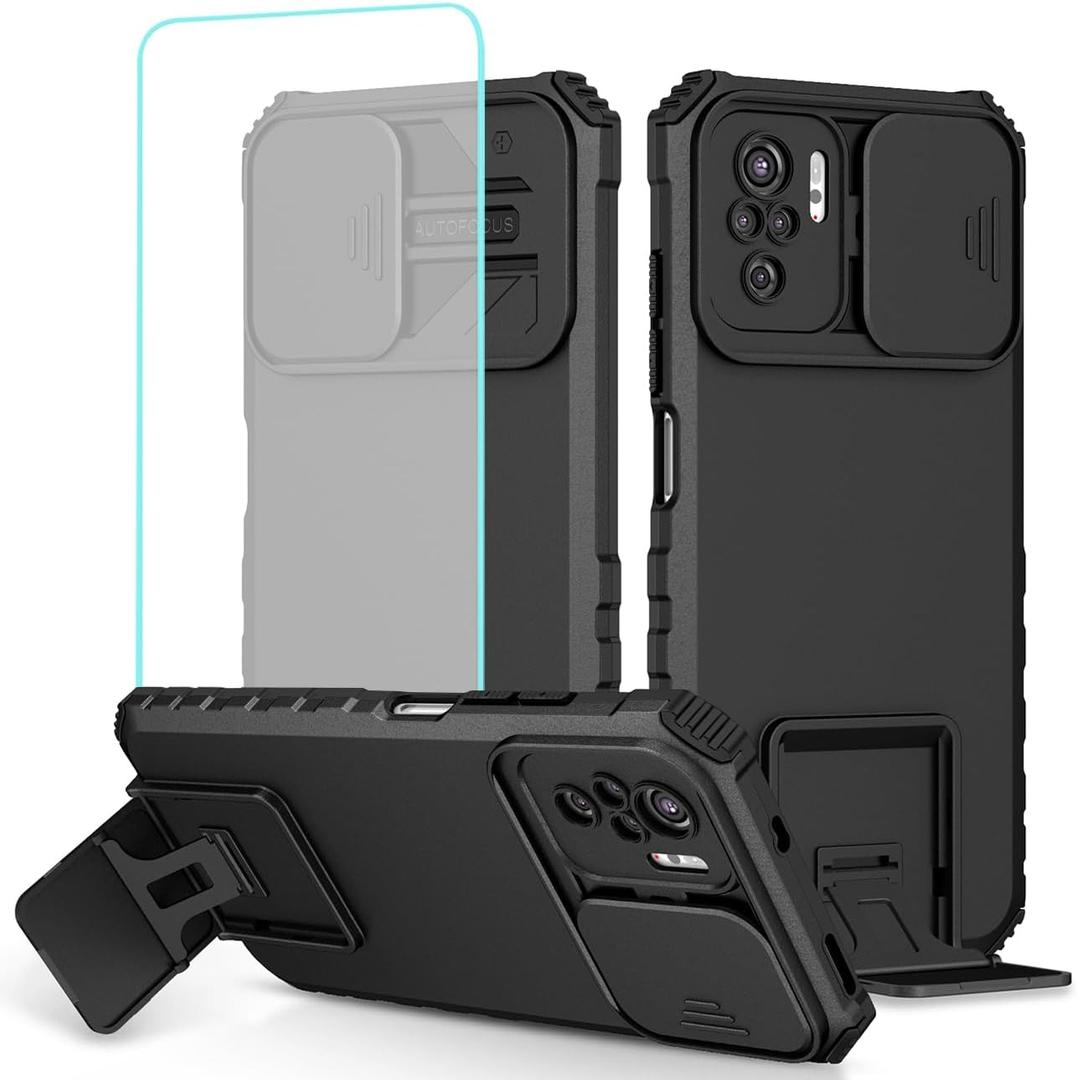 Case for Redmi Note 10/Redmi Note 10S/Poco M5S Case with Tempered Glass Screen Protector and Slide Camera Cover, Heavy Duty Kickstand Protective Phone Cover for Xiaomi Redmi Note 10S Black