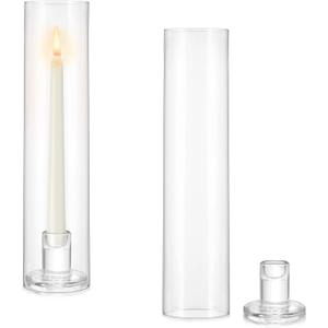 Hurricane Glass Candlestick Holders: Set of 2 Taper Candle Holder with Windproof Cylinder Covers 11.8 inch Tall Clear Candle Stick Holder Stand for Wedding Birthday Christmas Home Decor