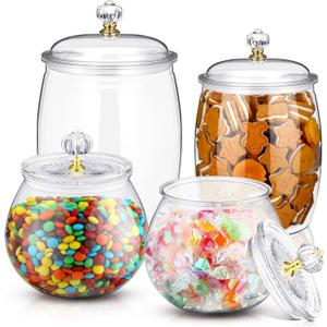 Nuogo 4 Pcs Plastic Candy and Cookie Jars with Lids Clear Cookie Container Candy Jars Large Airtight Apothecary Storage Organization for Wedding Home Kitchen Bar(30/42/64 oz)