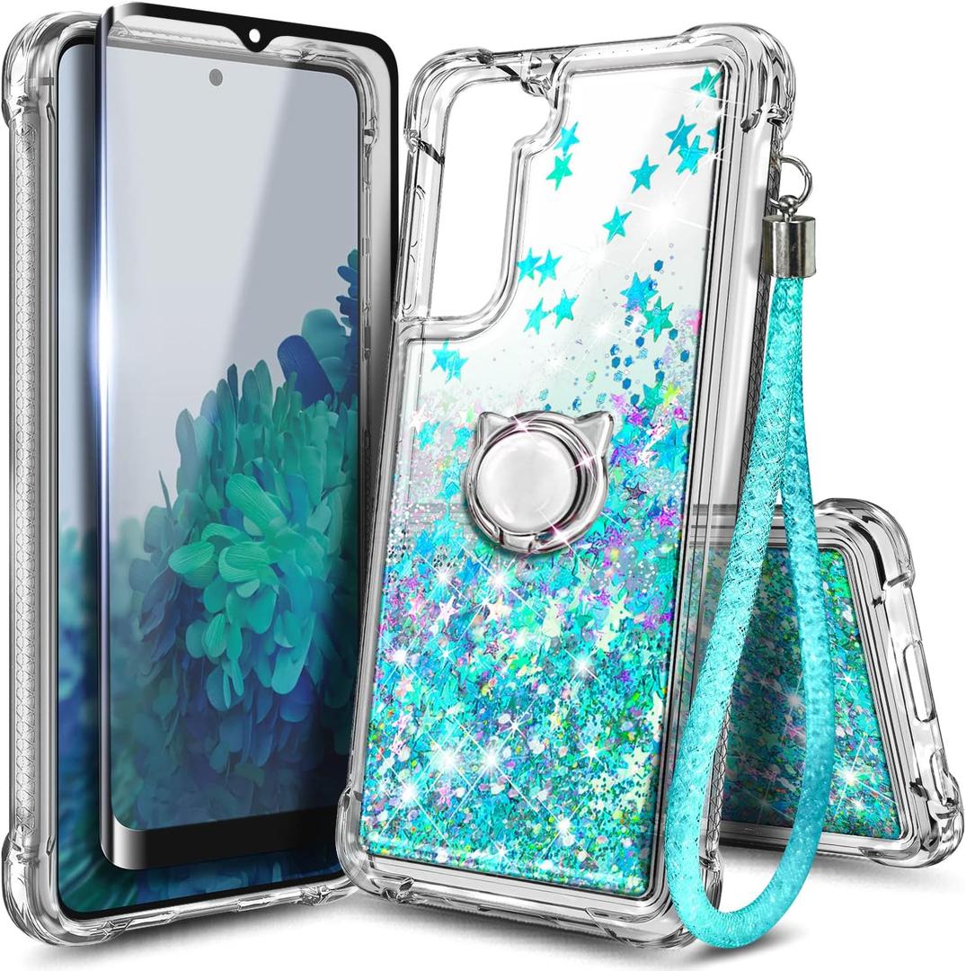 NZND Designed for Samsung Galaxy S21 FE 5G Phone Case with Tempered Glass Screen Protector, Ring Holder/Wrist Strap Lanyard, Glitter Flowing Liquid Women Girls Cute Case (Mint)