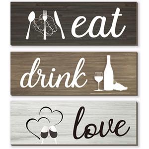 3 Pcs Farmhouse Kitchen Wall Decor Rustic Dining Room Decor Rustic Wooden Kitchen Signs Eat Drink Love Wall Decorations with Hanging Hook for Home Dining Room Wall Decor, 12X4 Inch