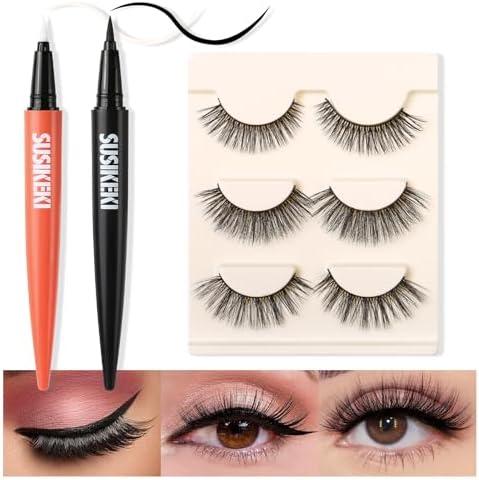 SUSIKEKI 2-in-1 Lash Glue & Eyeliner Set - Black Eyelash Glue, Clear Liner & 3D Natural False Eyelashes - Long-Lasting, Waterproof, Quick-Dry, Strong Hold Felt Tip Pen Lash Adhesive