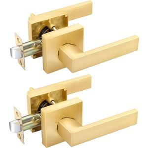 2 Pack Closet Door Handles Interior Non-Locking Lever Set for Hallway Door or Closet with Satin Brass Finish, Reversible for Right or Left Side