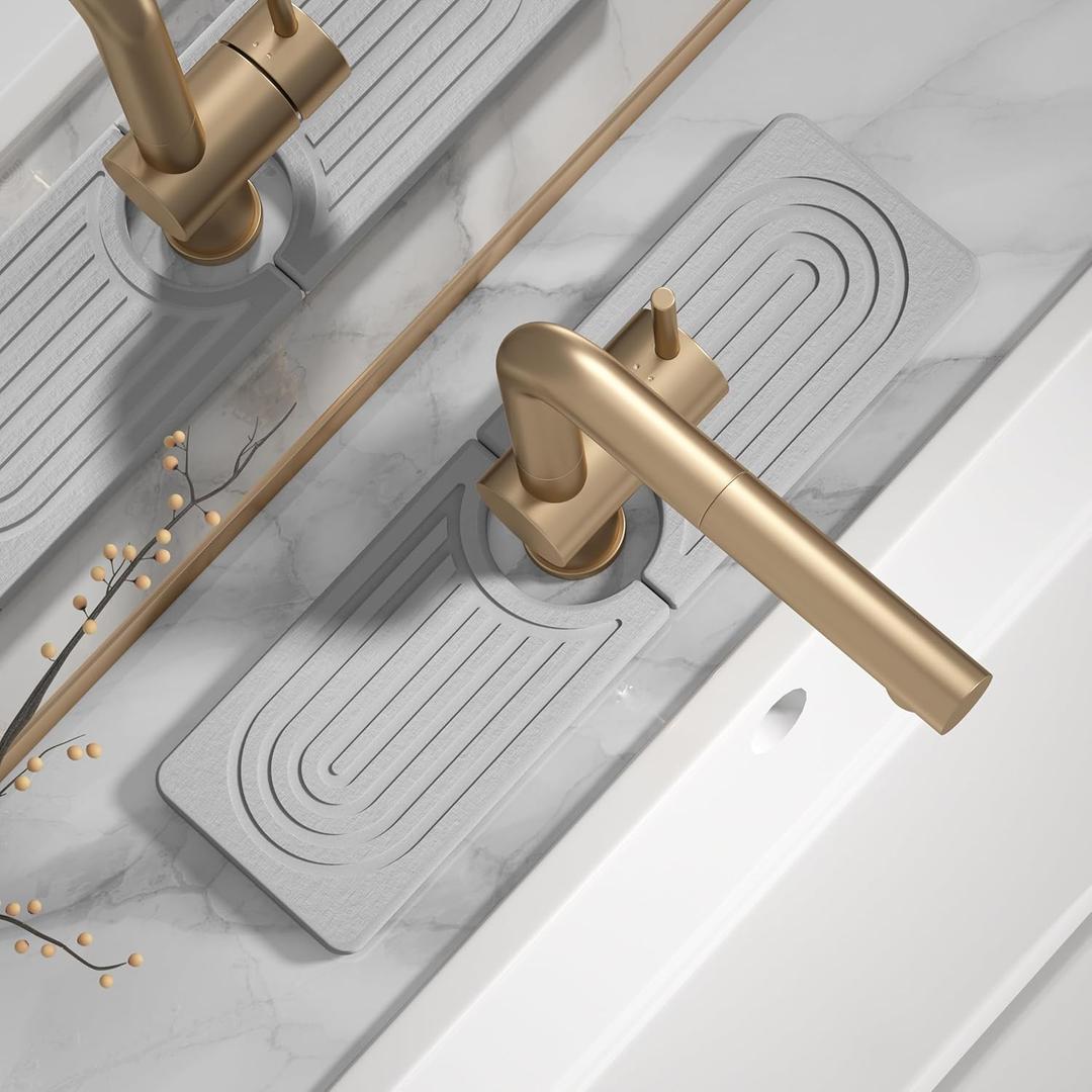 Quick Drying Stone Faucet Mat for Kitchen Sink - Diatomite Sink Mat Absorbing Stone Tray for Bathroom Counter, Sink Faucet Splash Guard Water Protector Matt for Kitchen Counter(Light Gray, 14" x 3.9")