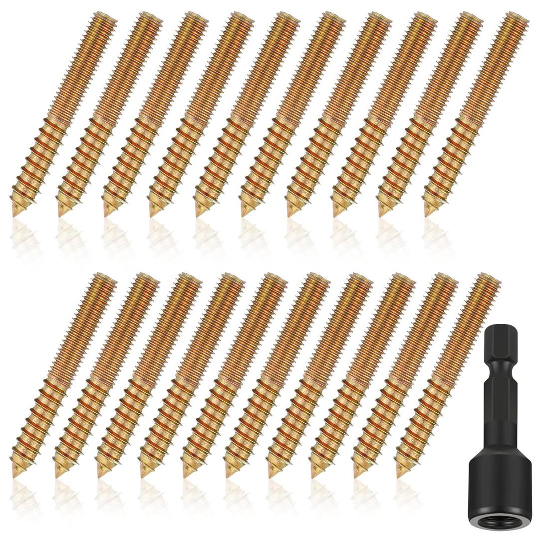 Hicarer 20 Pack 1/4-20 x 2 Inch Hanger Bolts Double Headed Bolts with Driver Self Tapping Screw Threaded Rod Screws for Furniture Double Headed for Wood Furniture Joint