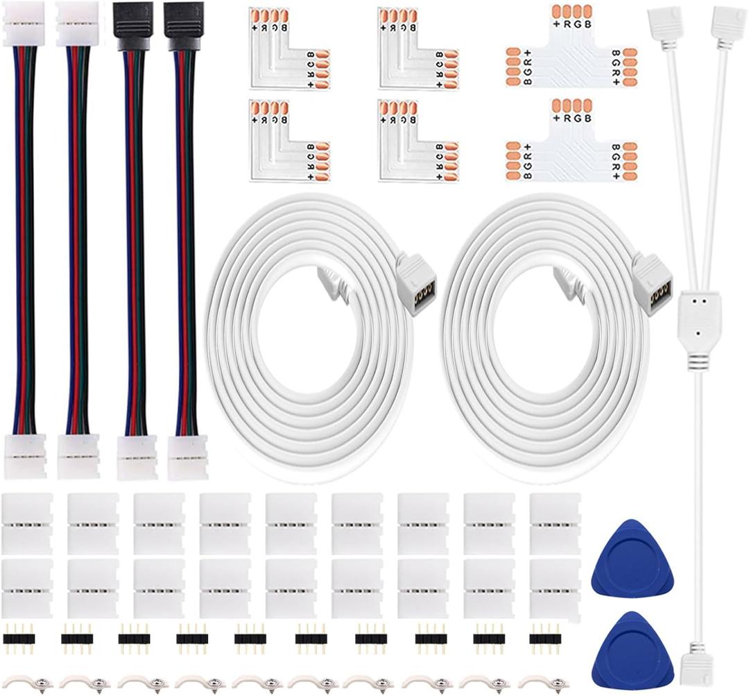 iCreating LED Strip Connectors 4 Pin, 5050 LED Light Connectors Kit Includes L Shape Connectors for Strip Lights 4Pin 10mm Strips Connectors for Controller 4 Pin LED Connectors Jumper (32.8ft)