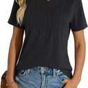 Womens Short Sleeve T Shirts Pleated Dressy Casual Crewneck Loose Fit Tee Trendy Summer Tops Blouses 2025 (Black, XL)