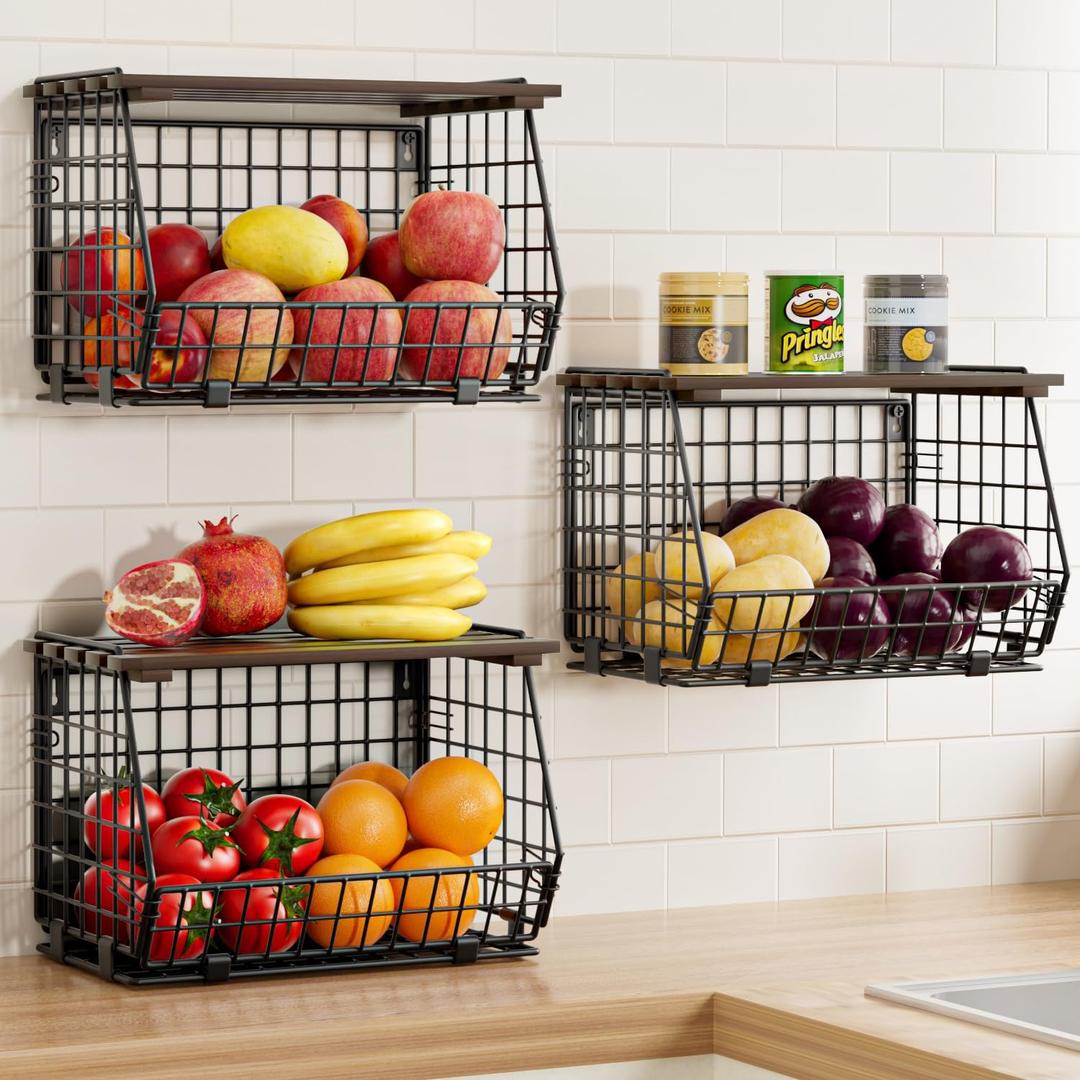 Wire Fruit Basket for Kitchen Storage: Hanging and Counter Wall Fruit Basket for Vegetable Produce - Potato and Onion Storage for Pantry, 3 Pack