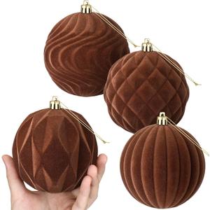 Blueweenly 4 Pcs 4 Inch Brown Large Velvet Christmas Ball Ornaments Vintage Christmas Plastic Ball Ornaments Flocked Tree Hanging Decoration for Xmas Party Wedding Home Decor