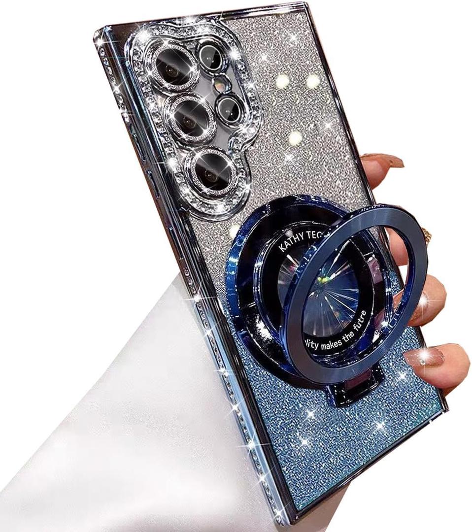 Changjia for Samsung Galaxy S26 Ultra Magnetic Kickstand Glitter Case, [Compatible with Magsafe] Cute Bling Sparkly Diamond Rhinestones with Camera Protector Women Girls Case for Galaxy S26 Ultra,Blue