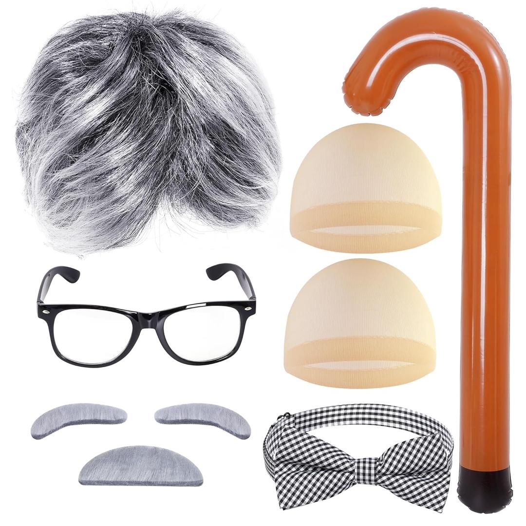 Kids 100th Day of School Outfit, Old Man Costume Accessories Old Man Wig Glasses Eyebrows Mustache Bow Tie Cane