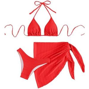 SHENHE Women's 3 Piece Textured High Cut Halter Triangle Bikini Swimsuit with Cover Up, XS