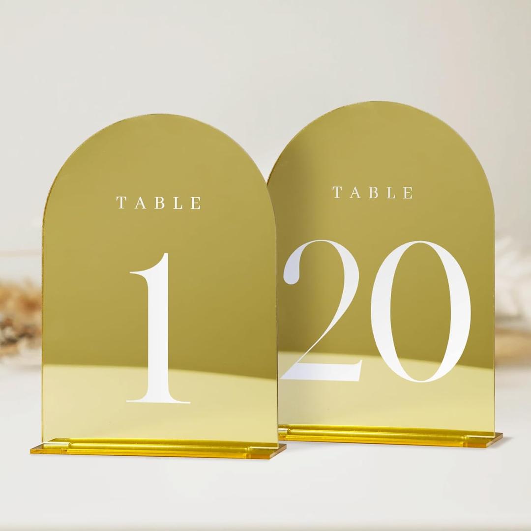 JINMURY Gold Mirror Arch Table Numbers for Wedding, 20 Pack 5x7" Gold Mirror Arch Acrylic Signs with Stand Acrylic Table Numbers 1-20, Perfect for Wedding Reception