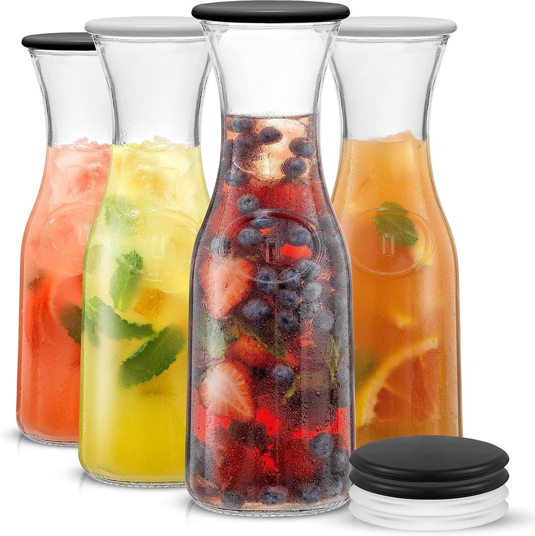 JoyJolt Glass Carafe with Lid, Set of 4 1 Liter Glass Pitcher for Mimosa Bar, Water, Iced Tea, Juice, Wine, Lemonade, Milk Dishwasher Safe Beverage Drink Dispensers for Brunch, Parties