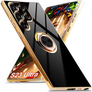 for Samsung Galaxy S23 Ultra 5G Case, Built-in 360 Rotation Ring Holder Magnetic Stand, Luxury Shiny Plating Edge Shockproof Electroplated Protective Phone Cover (Black/Golden)