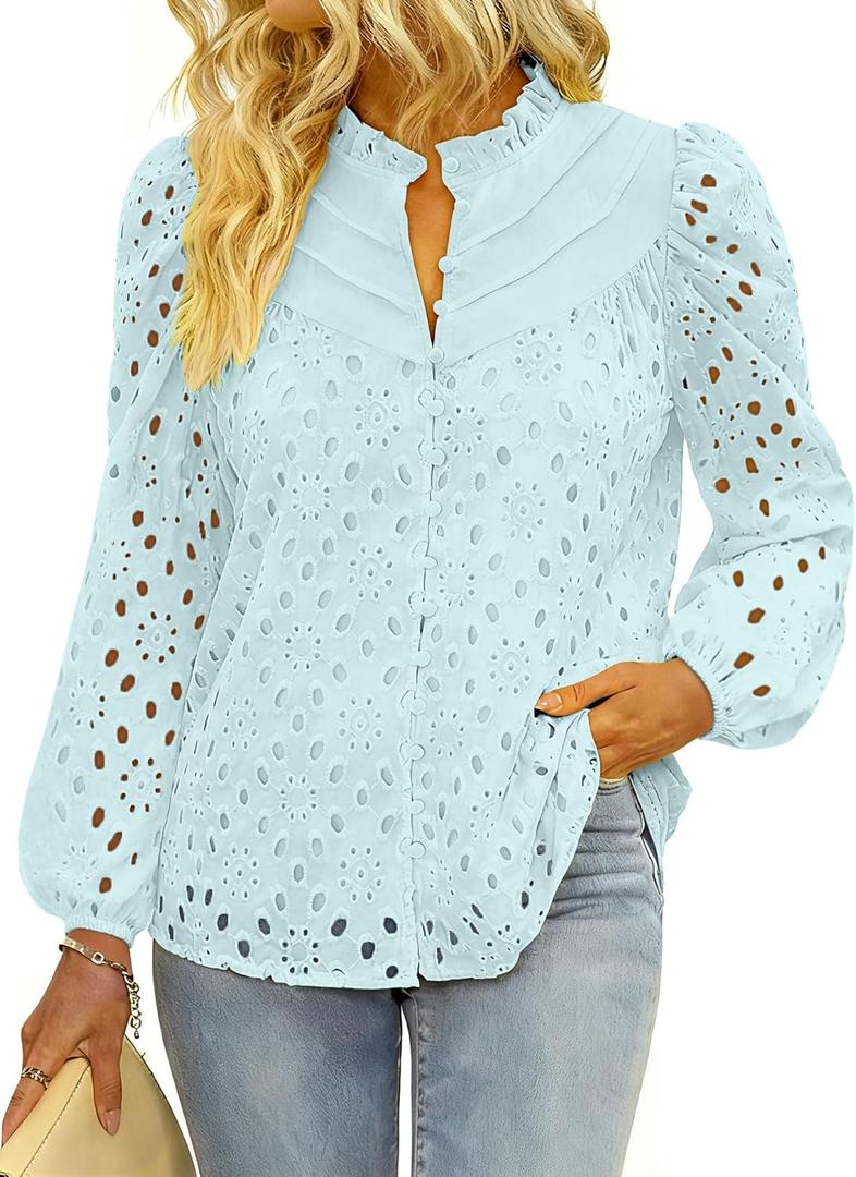 BETTE BOUTIK Women's Long Short Sleeve Tops 2025 Dressy Casual Button Hollow Out Lace Embroidered Blouses Shirts (M)