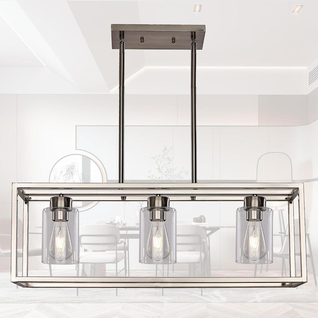 XILICON Dining Room Lighting Fixtures Hanging Farmhouse Brushed Nickel 3 Light Modern Pendant Lighting Contemporary Chandeliers with Glass Shade for Living Dining Room Bedroom Kitchen Island