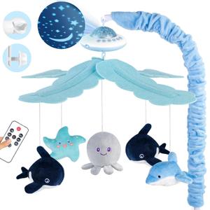 Baby Crib Mobile with Music and Lights, Nursery Baby Mobile for Crib Bassinet with Remote Control, Rotation, Starlight Projection, Crib Toys for Babies Boys Girls Blue