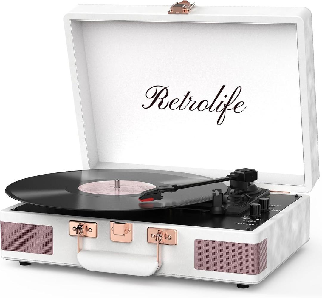 Vinyl Player, Retrolife Bluetooth Portable Suitcase Record 33/45/78 RMP Player with Built-in Speakers Turntable Enhanced Audio Sound PU Leather Vintage