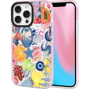 ChiCsFleur for iPhone 12 Pro Max Case, TPU Phone case with Camera Protection for Women Girls Teens - Collage Postage Stamp Fruit Y2K Evil Eye Papaya Bow Pink Blue Sorority Aesthetic Unique