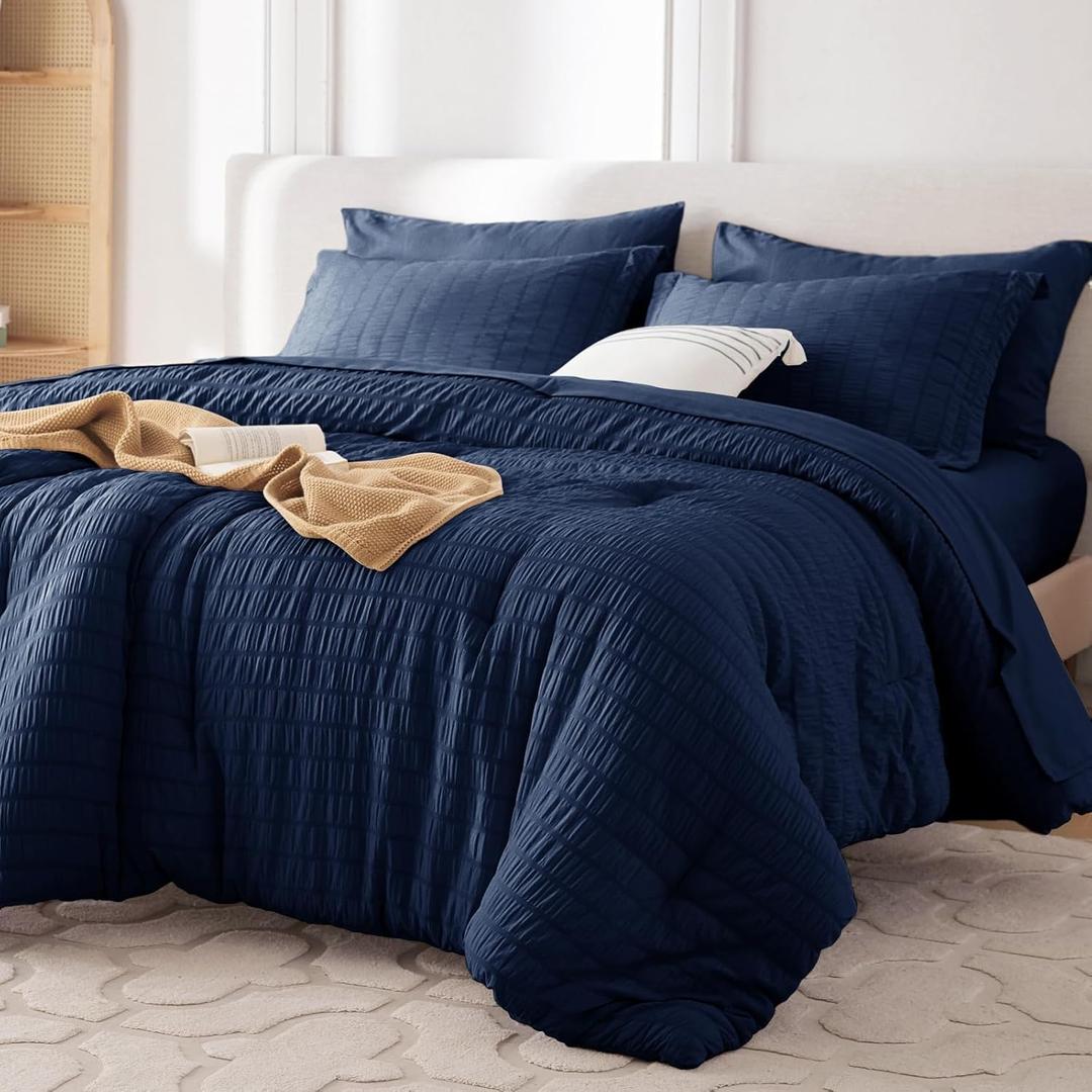 MUXHOMO 7 Pieces Queen Comforter Set, Seersucker Bed in a Bag Queen Size, All Season Luxury Bedding Set with Comforter, Flat Sheet, Fitted Sheet, Pillowcases & Shams, Navy Blue (Queen (88"x88"))