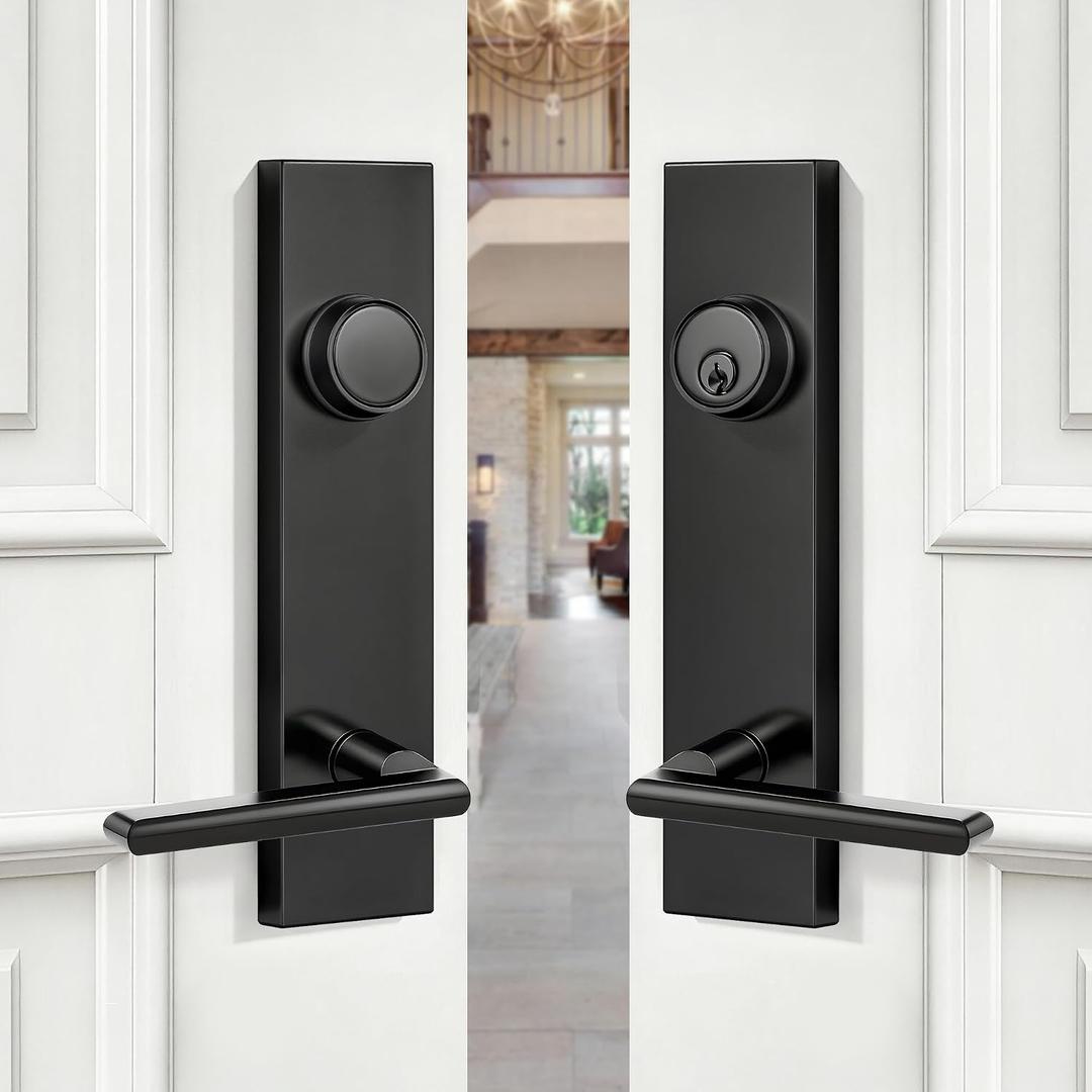 Double Front Door Lock Set, Matte Black Double Door Handle Set, Heavy Duty Double Door Handle with Dummy, Black Double Entry Door Lock Set