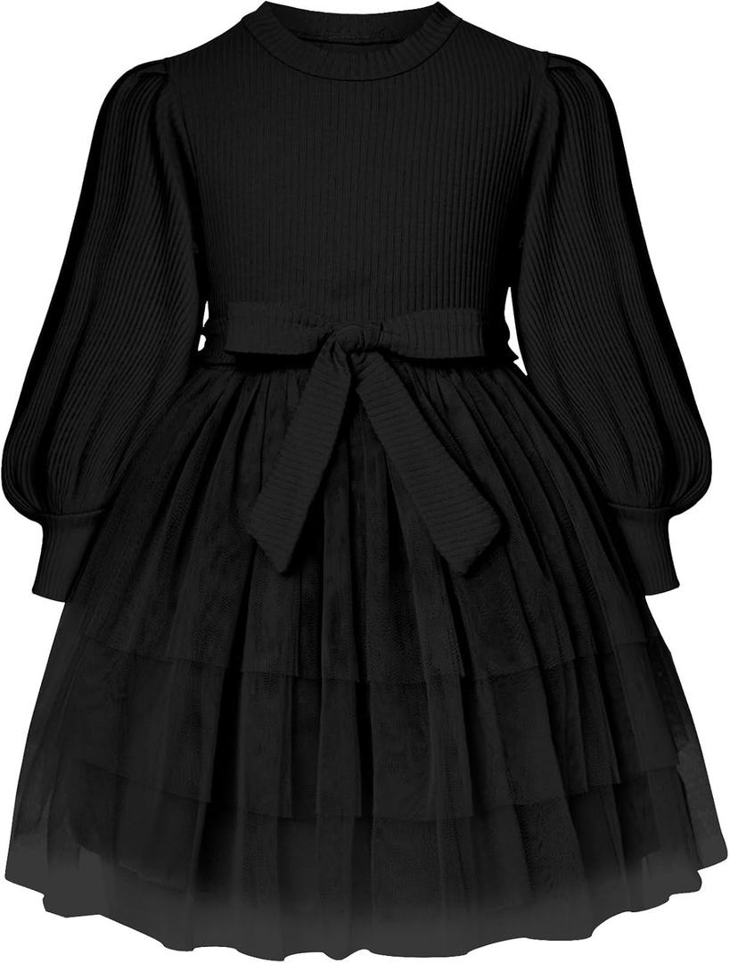 Toddler Girl Tulle Dress Puff Long Sleeves Tutu Dresses with Tie Belt for Princess Brithday Party 1-6T