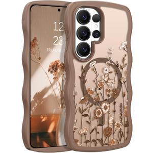 GUAGUA for Samsung Galaxy S26 Ultra Case, Magnetic Cases Cute Flower Pattern Wavy Edge Full Camera Protection Anti-Slip Bumper Women Girls Boys Slim Protective Phone Case for Galaxy S26 Ultra, Brown