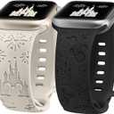 2 Packs Cartoon Engraved Band Compatible with Apple Watch Band 38/40/41/42/ 44/45/ 46/49mm Women, Cute Designer Soft Silicone Strap for iWatch Series 11 10 9 8 7 6 5 4 3 SE/Ultra 3 2 1 (Starlight & Black)