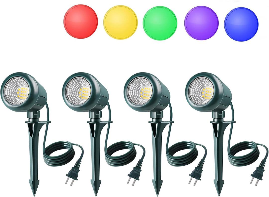 Christmas Spotlights Outdoor, 120V Plug-in Halloween Spot Light, 5000K LED Landscape Lighting with 5 Color Lenses (Red Green Blue Purple Yellow), IP67 Waterproof, 4 Pack