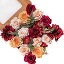 FANKO Artificial Rose Fake Flowers: Silk Fake Red Roses Fall Fake Flowers Bouquet Burgundy Faux Flowers for Wedding/Table Decoration/Centerpieces/Party/Cake (Color-1)
