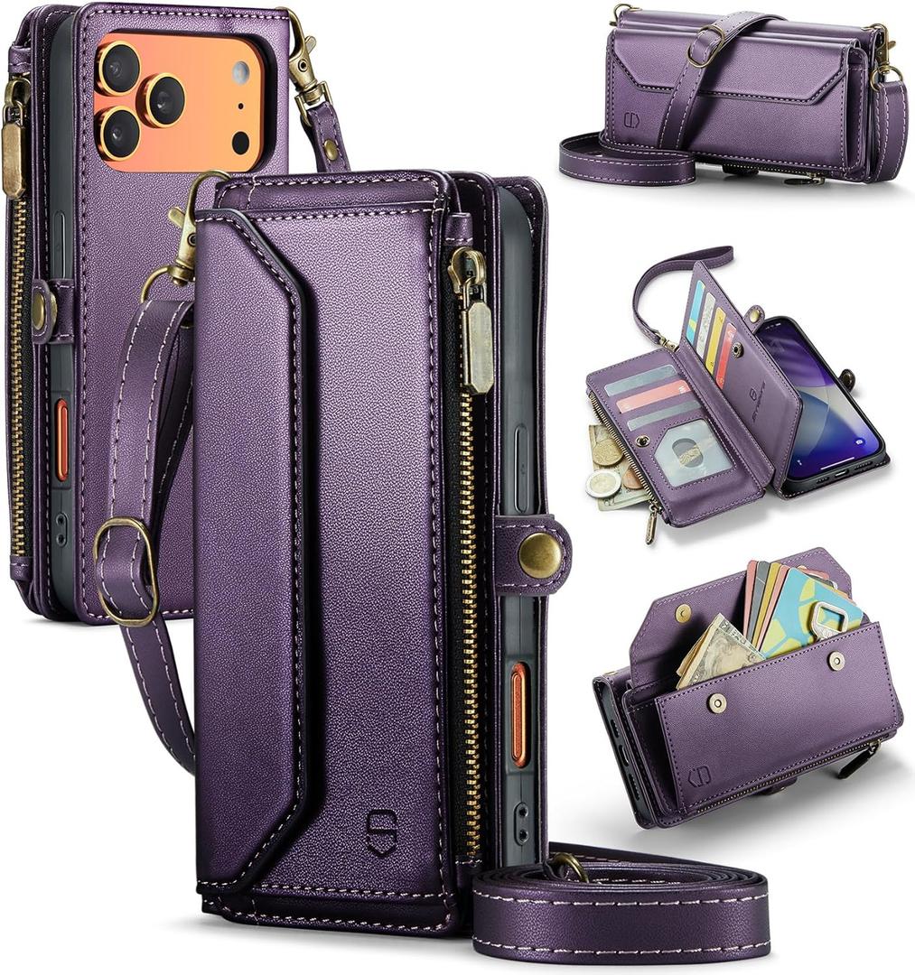 Wallet Case Compatible with iPhone 17 Pro Max 6.9" RFID Blocking 10-Card Holder Soft PU Leather Magnetic Snap Shoulder Strap Zipper Pocket Phone Case Fit for iPhone 17 Pro Max - Purple